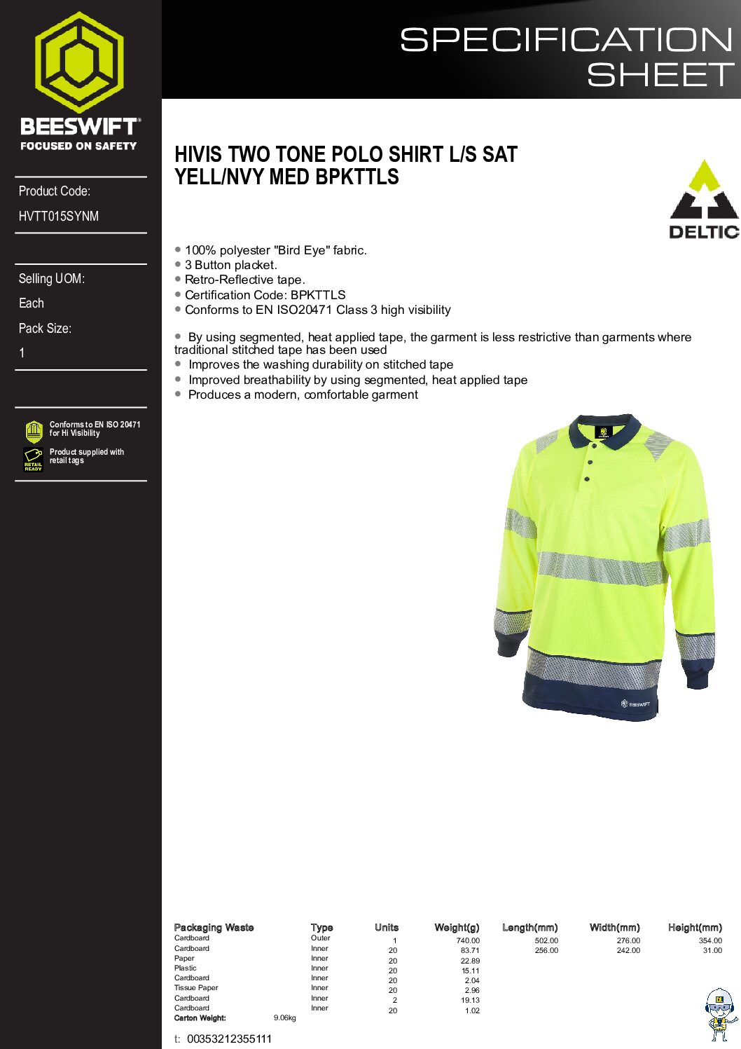 HVTT015SY Hi Viz Long Sleeve Polo Two Tone - Image 2